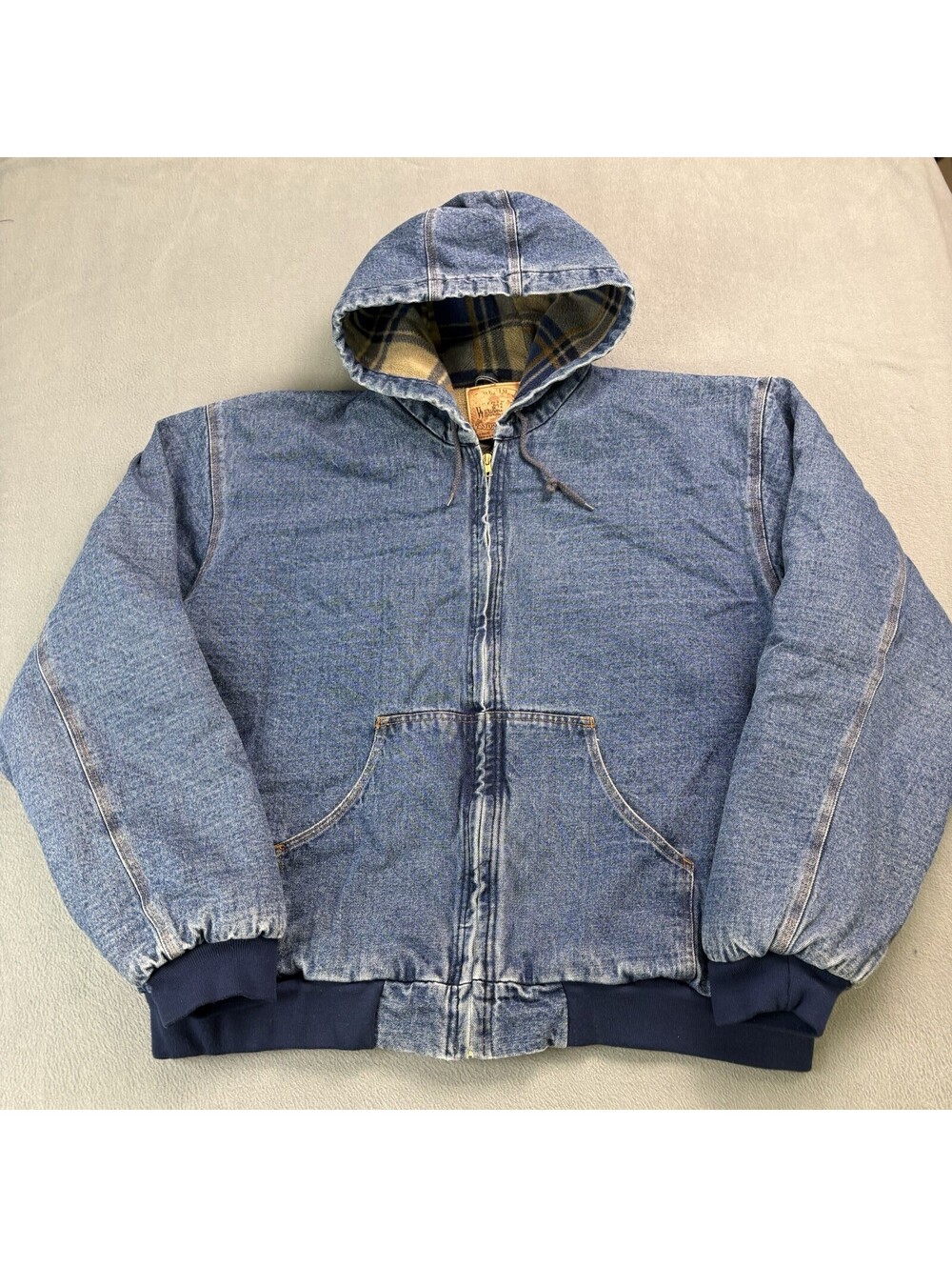 Vintage Plaid Lined Hooded Denim Jean Workwear Jacket Size 2XL